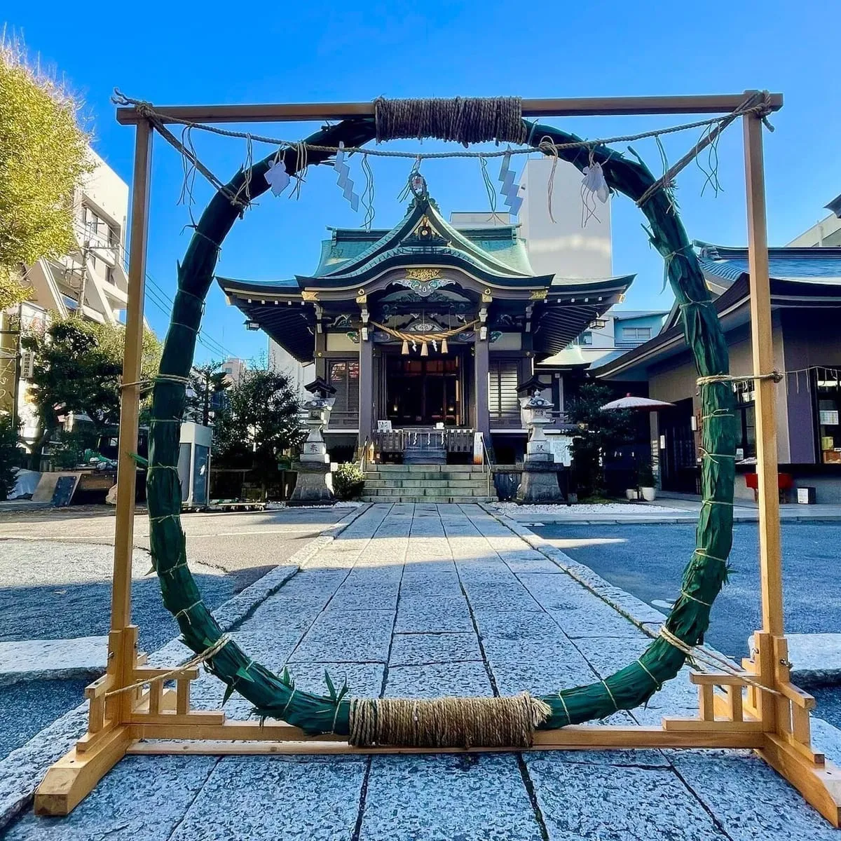 柏神社の茅の輪。この輪をくぐることで半年間の穢れを祓う