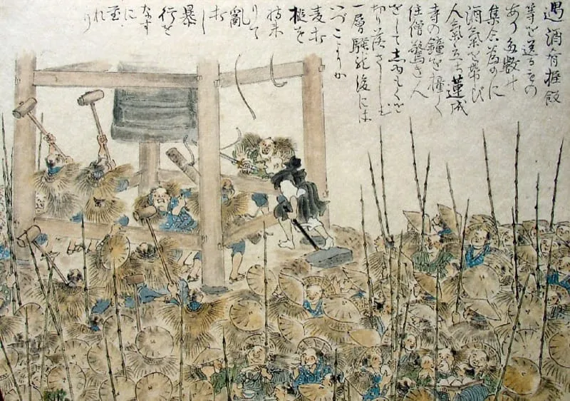 廃仏毀釈の様子を描いた画。明治政府の神仏分離令により仏教施設が破壊された