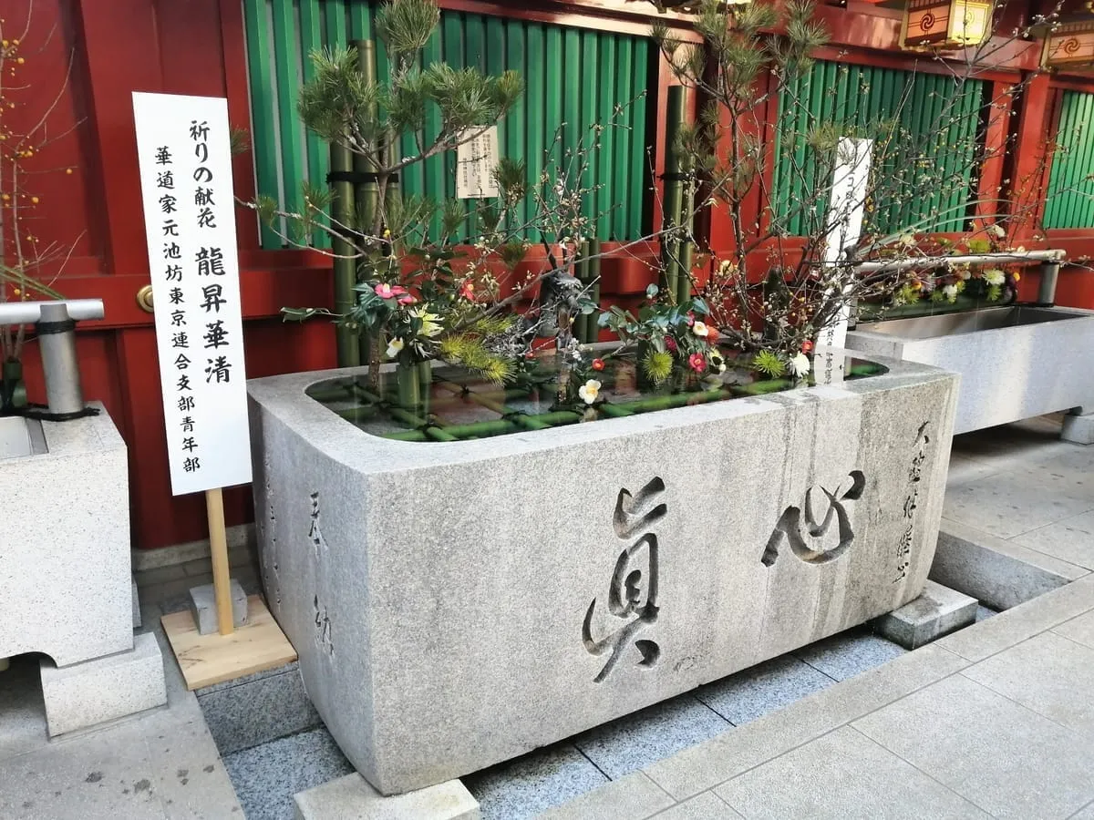 手水の作法を示す図解。右手→左手→口→柄杓の順