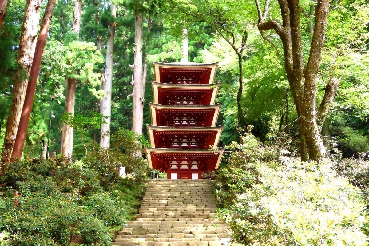 Five-Story Pagoda at Muro-ji, amid cedar forests of Nara