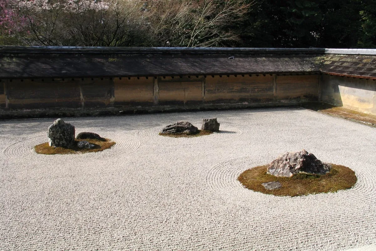 Ryōan-ji rock garden — fifteen stones in white gravel, the world's most visited kare-sansui