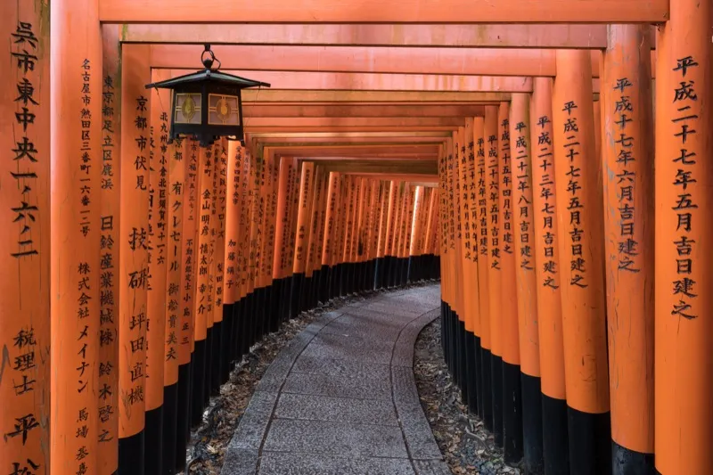 Rows of vermillion torii forming a tunnel at Fushimi Inari Taisha, Kyoto