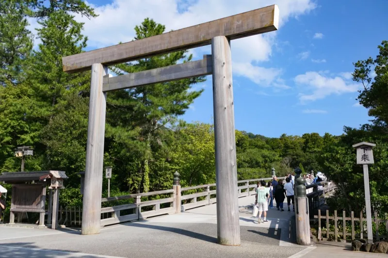 The shinmei torii at Ise Grand Shrine's Ujibashi entrance — straight beams, no curves, pure simplicity