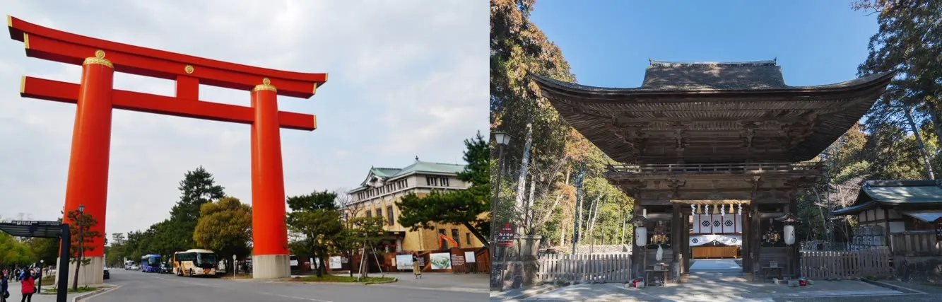 左: 鳥居（柱と貫だけの開放的な構造）／右: 楼門（屋根と扉を持つ門）