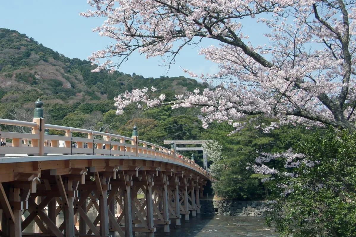 内宮の宇治橋。五十鈴川に架かる神聖な橋を渡ることで日常から聖域へと移行する