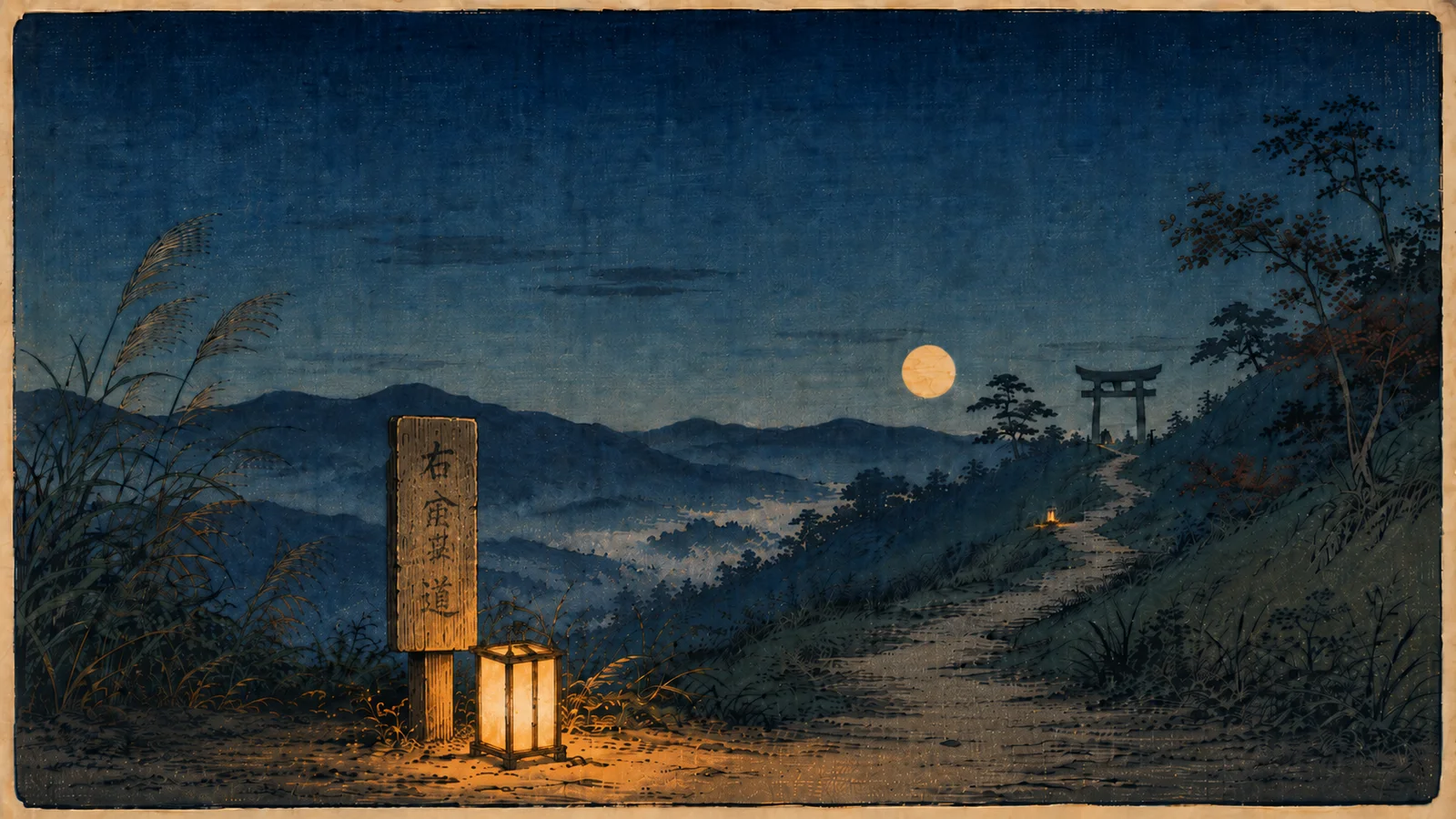 夜、灯りをともした道標が参道を照らす浮世絵
