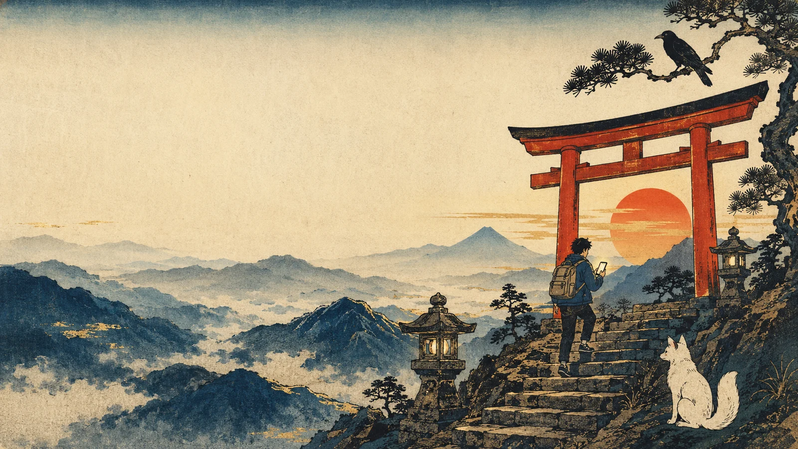朝日の鳥居へ石段を登る旅人を描いた浮世絵
